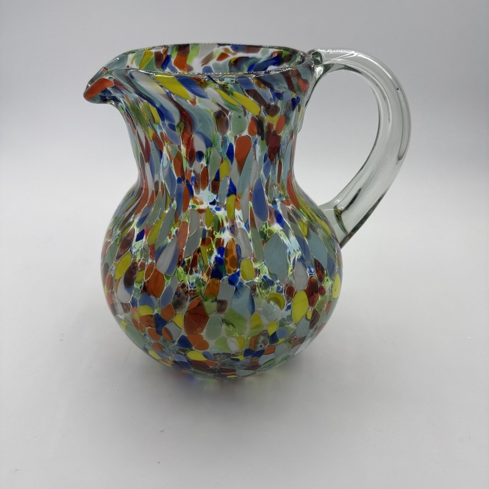 Hand Blown Confetti Art Glass Pitcher Multicolor Mexico 9 Inches Summer Garden